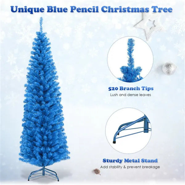 Arbol navideño artificial, 6FT Artificial Christmas Tree - 520 Branch Tips, Blue Pencil Shape Design, Eco-Friendly PVC  Sturdy Metal Stand